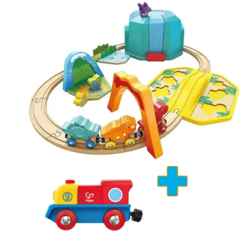 עולם הדינוזאורים! רכבת ראשונה מעץ + קטר חשמלי מבית HAPE