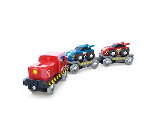 רכבת עץ עם קרונות מכוניות מריוץ ודמות מבית HAPE