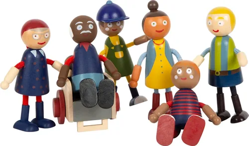 משפחה מודרנית לבית בובות (בובות עץ עם זרועות גמישות)  6 בובות + כסא גלגלים! מבית SMALL FOOT