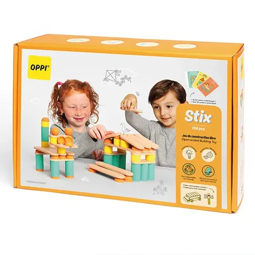 סטיקס! (STIX) משחק הרכבה (באווירה מונטסורית) 108 חלקים (עץ וסיליקון) מבית OPPI