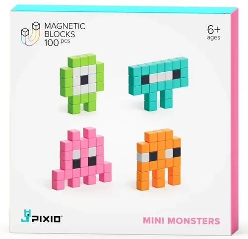 פיקסיו מיני מפלצות! - מארז של 100 קוביות מגנטיות קומפקטיות לבנייה תלת מימדית בסגנון פיקסל ארט מבית PIXIO