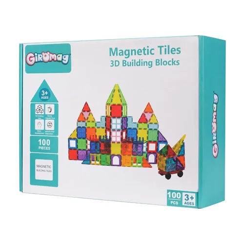 Magnetic Tiles – משחק מגנטים 100 חלקים כולל רכב מגנטי וספרון דגמים – Superkids